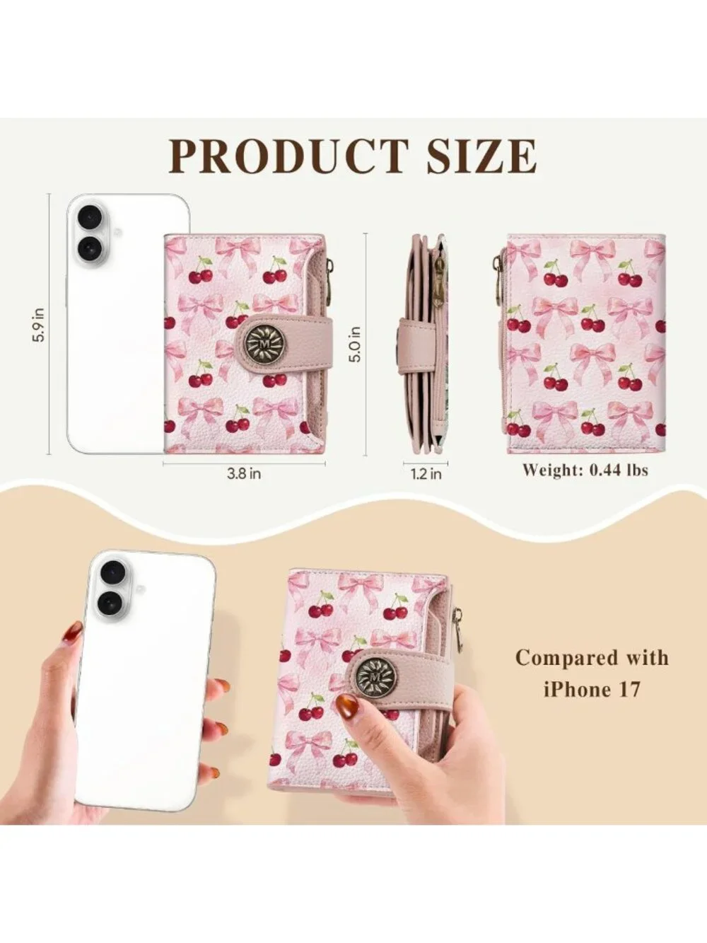 Cute Cherry Bow Wallet - Compact RFID Bifold Purse with Coin Pocket & Card Slots